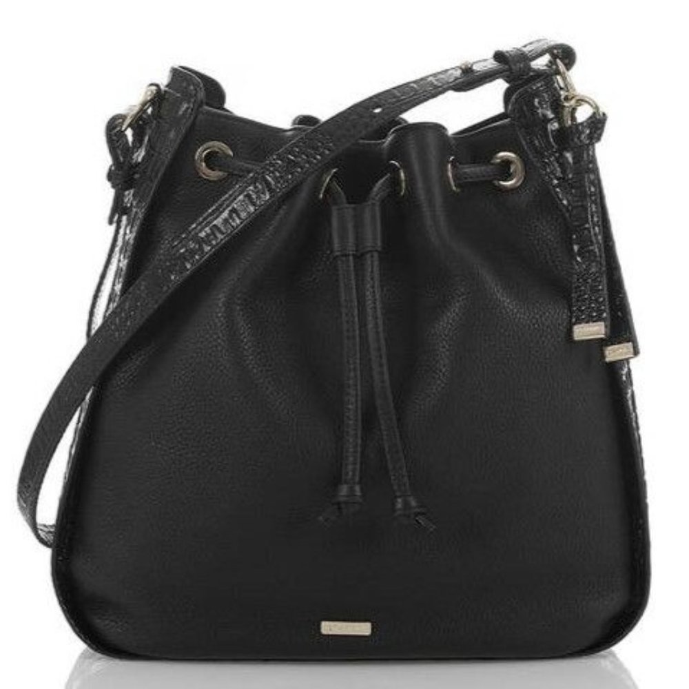 Brahmin "Blair" Genuine Mixed Leather Cinch Close Shoulder Bag Black